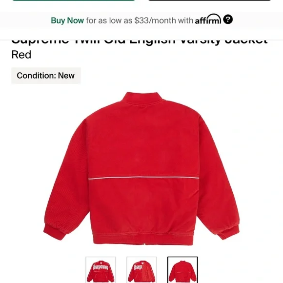 SUPREME TWILL OLD ENGLISH VARSITY JACKET SZ LARGE